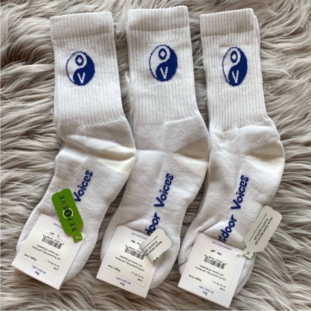 NWT Outdoor Voices Graphic Comfort Plush Crew Sock White / Blue 1 Pair - Picture 3 of 4